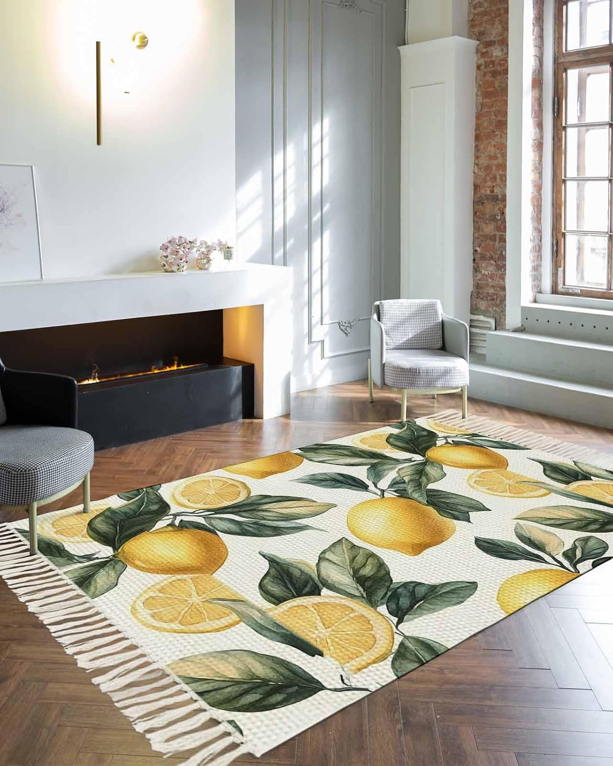 Lemon Large Area Rug for Living Room 4 x 6 Ft, Low Pile Floor Bedroom Mats, Summer Yellow Fruit Country Spring Leaf Plant Washable Tassels Carpet for Entryway Dorm Patio