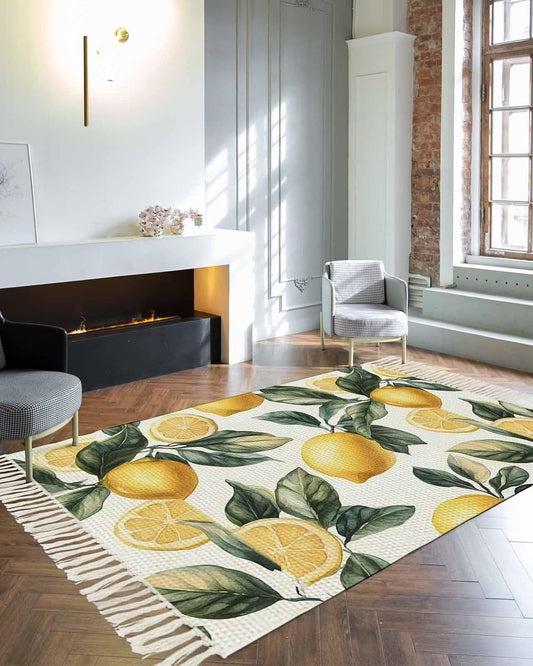 Lemon Large Area Rug for Living Room 4 x 6 Ft, Low Pile Floor Bedroom Mats, Summer Yellow Fruit Country Spring Leaf Plant Washable Tassels Carpet for Entryway Dorm Patio