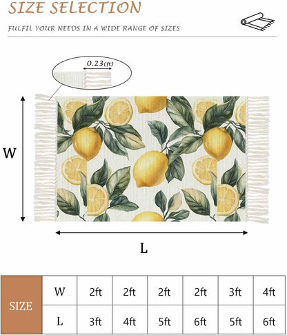 Lemon Large Area Rug for Living Room 4 x 6 Ft, Low Pile Floor Bedroom Mats, Summer Yellow Fruit Country Spring Leaf Plant Washable Tassels Carpet for Entryway Dorm Patio