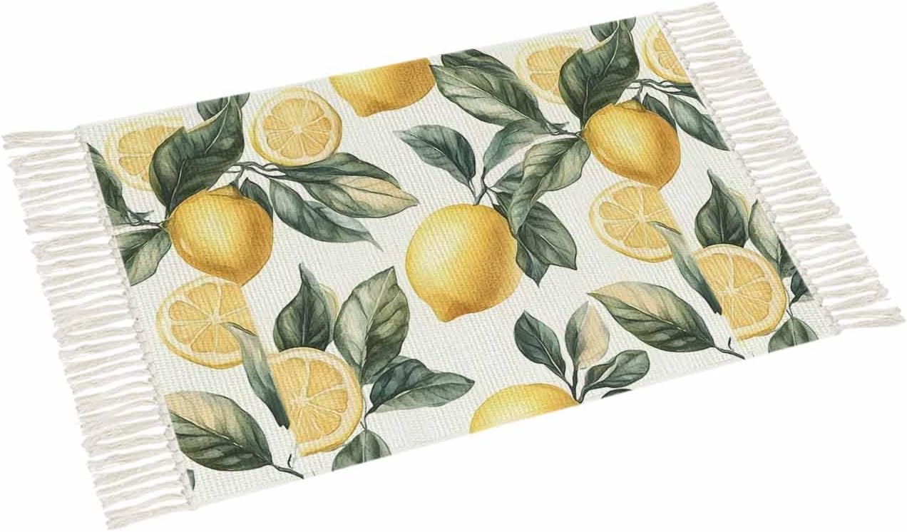 Lemon Large Area Rug for Living Room 4 x 6 Ft, Low Pile Floor Bedroom Mats, Summer Yellow Fruit Country Spring Leaf Plant Washable Tassels Carpet for Entryway Dorm Patio