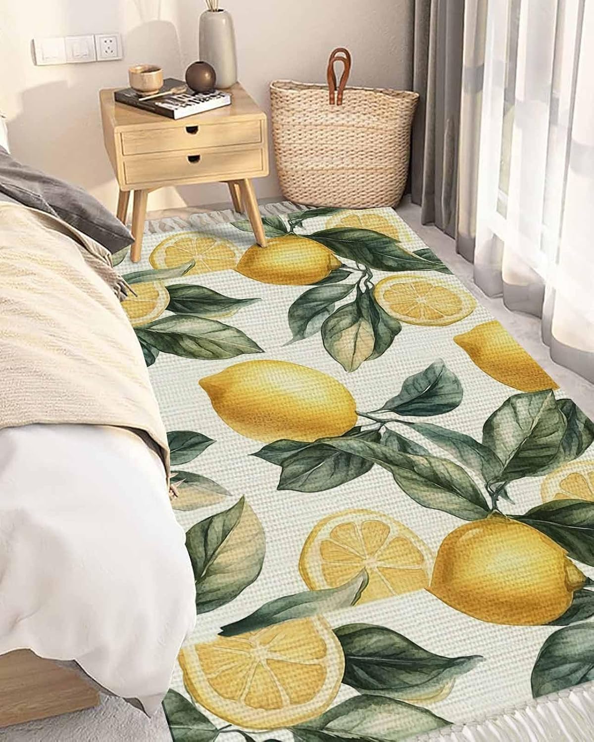 Lemon Large Area Rug for Living Room 4 x 6 Ft, Low Pile Floor Bedroom Mats, Summer Yellow Fruit Country Spring Leaf Plant Washable Tassels Carpet for Entryway Dorm Patio