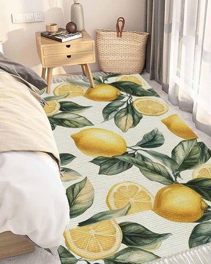 Lemon Large Area Rug for Living Room 4 x 6 Ft, Low Pile Floor Bedroom Mats, Summer Yellow Fruit Country Spring Leaf Plant Washable Tassels Carpet for Entryway Dorm Patio
