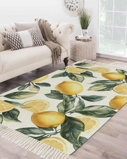 Lemon Large Area Rug for Living Room 4 x 6 Ft, Low Pile Floor Bedroom Mats, Summer Yellow Fruit Country Spring Leaf Plant Washable Tassels Carpet for Entryway Dorm Patio