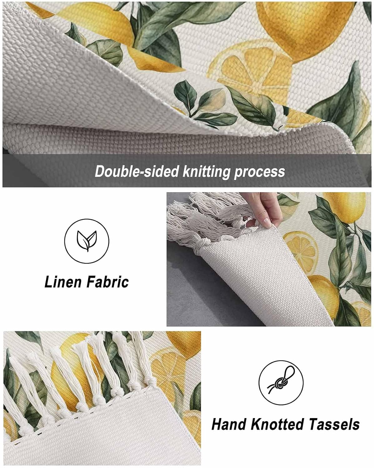 Lemon Large Area Rug for Living Room 4 x 6 Ft, Low Pile Floor Bedroom Mats, Summer Yellow Fruit Country Spring Leaf Plant Washable Tassels Carpet for Entryway Dorm Patio