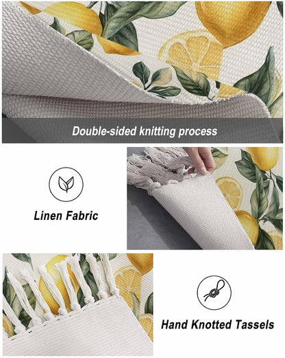 Lemon Large Area Rug for Living Room 4 x 6 Ft, Low Pile Floor Bedroom Mats, Summer Yellow Fruit Country Spring Leaf Plant Washable Tassels Carpet for Entryway Dorm Patio