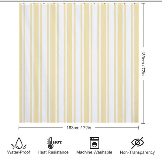 Shower Curtain Liner Set， Pale Yellow and White Candy Stripes Waterproof Fabric Curtains for Bathroom Bathtub Decor, 72 X 72inch