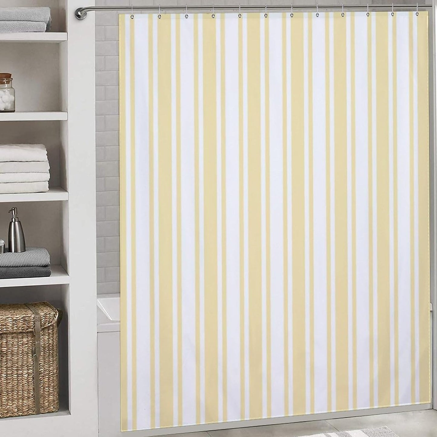 Shower Curtain Liner Set， Pale Yellow and White Candy Stripes Waterproof Fabric Curtains for Bathroom Bathtub Decor, 72 X 72inch
