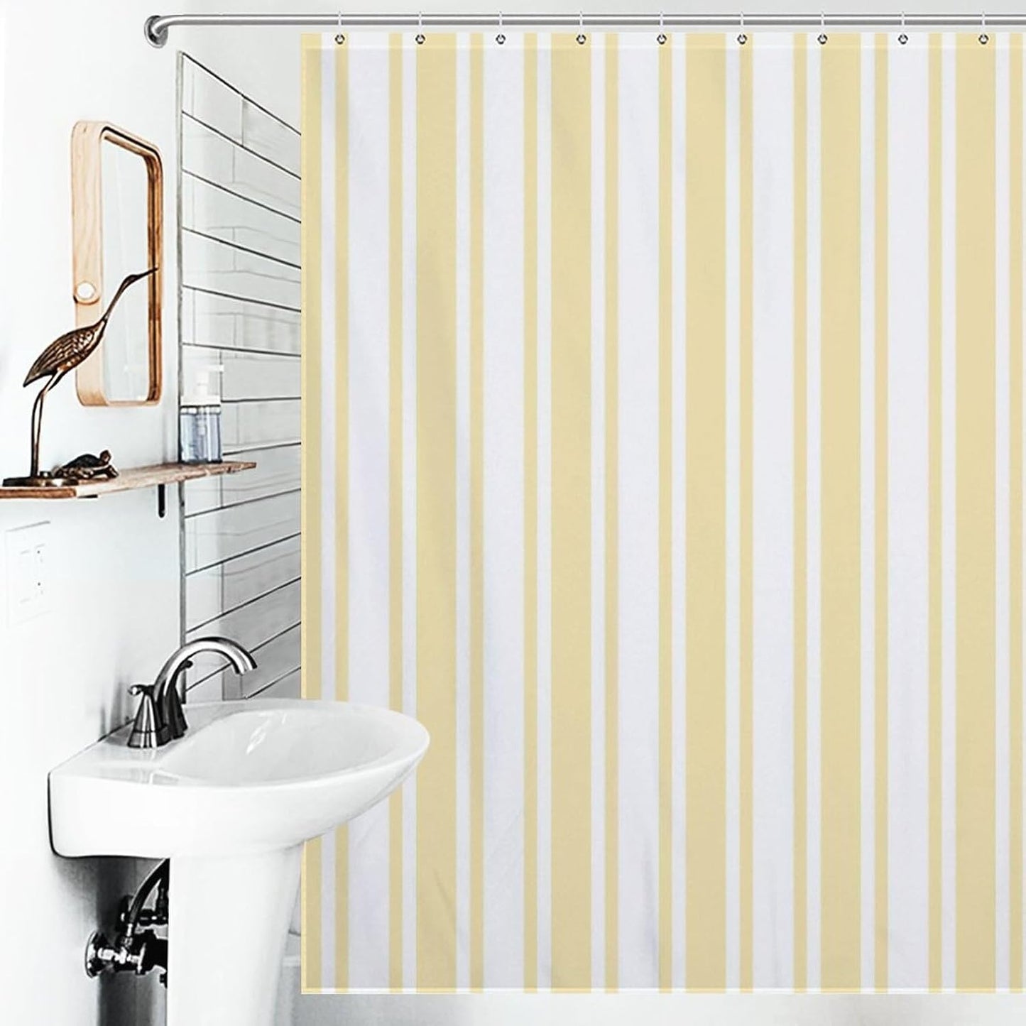 Shower Curtain Liner Set， Pale Yellow and White Candy Stripes Waterproof Fabric Curtains for Bathroom Bathtub Decor, 72 X 72inch