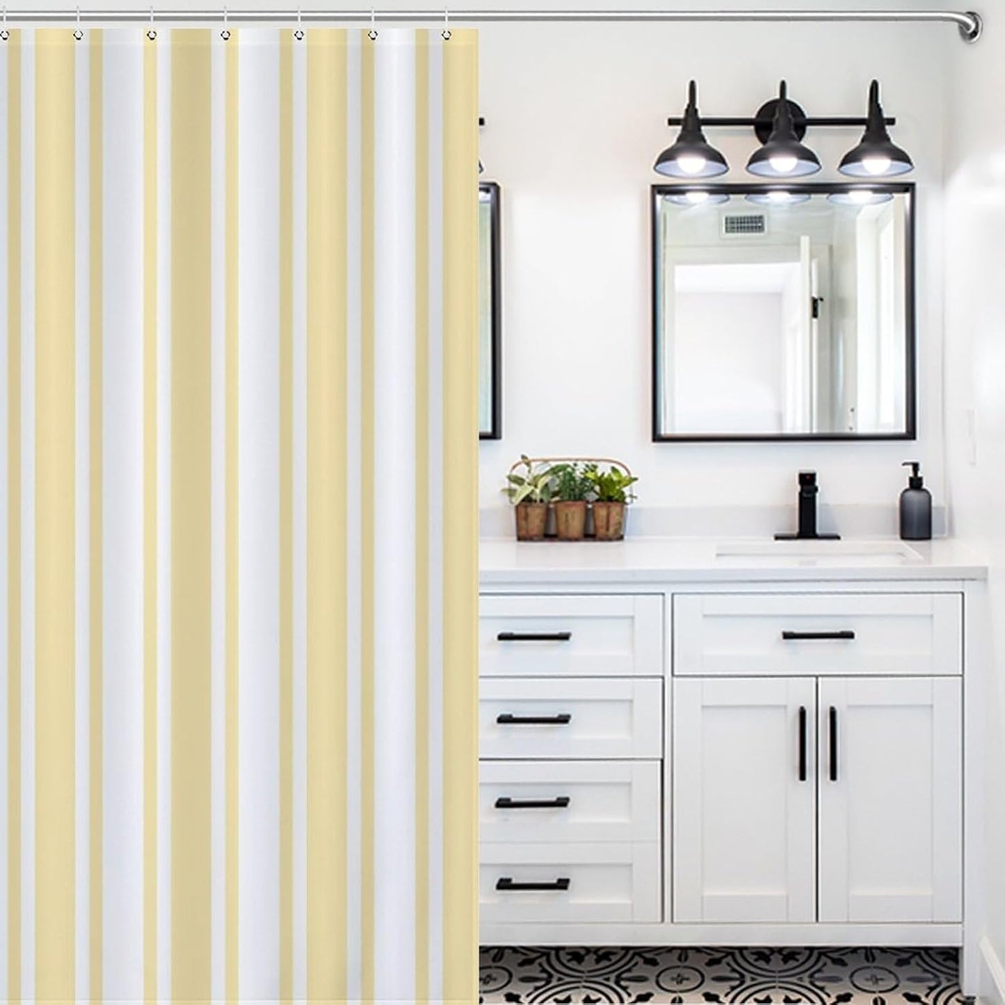 Shower Curtain Liner Set， Pale Yellow and White Candy Stripes Waterproof Fabric Curtains for Bathroom Bathtub Decor, 72 X 72inch