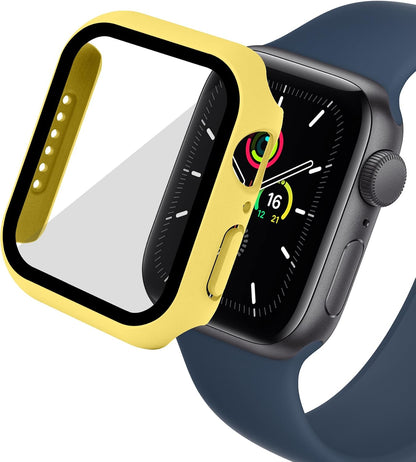2 in 1 Design Hard PC Case with Tempered Glass Screen Protector for Apple Watch 4/5/6/SE,Ultra-Thin Scratch Resistant Smartwatch Cover for iWatch 44mm Accessories - Yellow