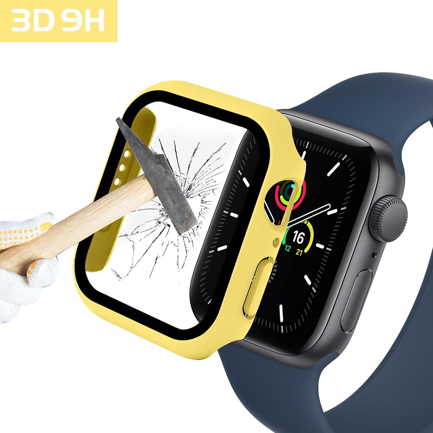 2 in 1 Design Hard PC Case with Tempered Glass Screen Protector for Apple Watch 4/5/6/SE,Ultra-Thin Scratch Resistant Smartwatch Cover for iWatch 44mm Accessories - Yellow