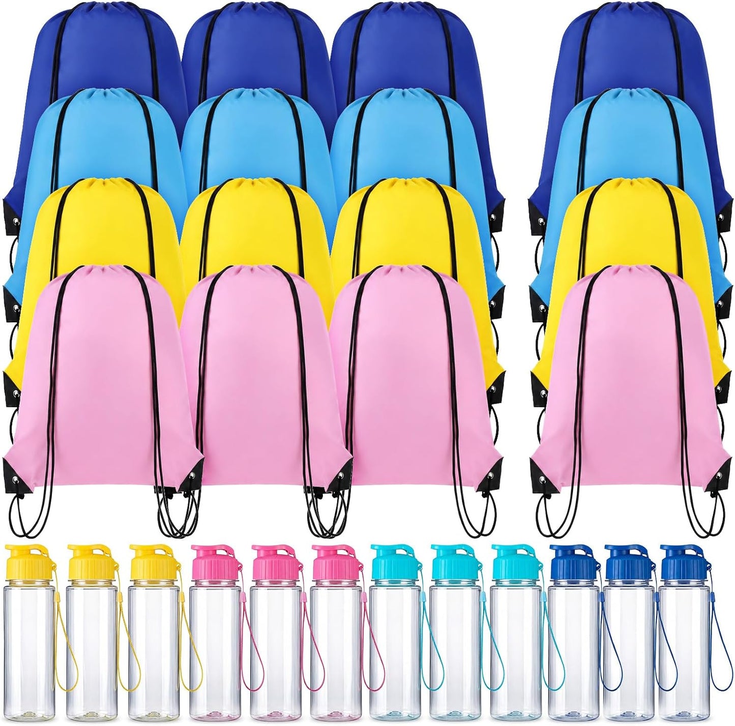 12 Pack Plastic Water Bottles Bulk with Drawstring Backpack Set, Reusable Leakproof Flip Top Water Bottles for Adults, Sports, Gym, Travel, Party, Outdoor - Yellow, Navy, Light Blue, Pink