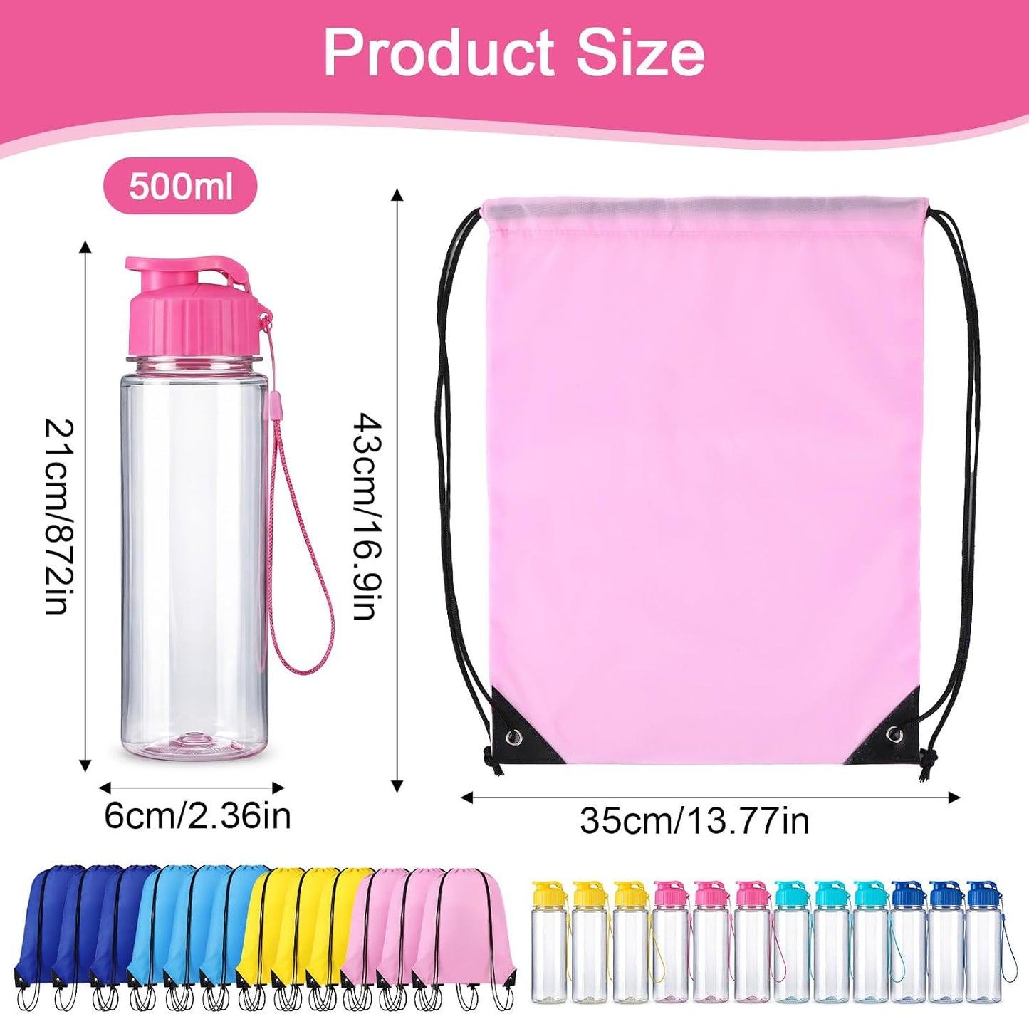 12 Pack Plastic Water Bottles Bulk with Drawstring Backpack Set, Reusable Leakproof Flip Top Water Bottles for Adults, Sports, Gym, Travel, Party, Outdoor - Yellow, Navy, Light Blue, Pink
