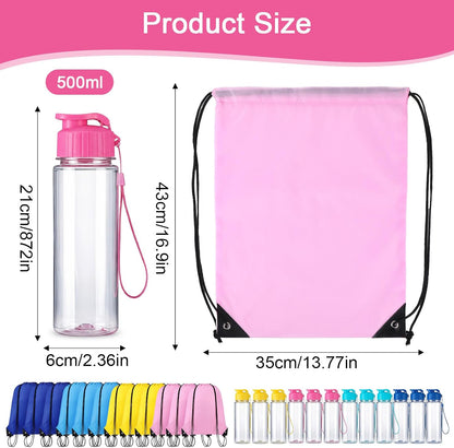 12 Pack Plastic Water Bottles Bulk with Drawstring Backpack Set, Reusable Leakproof Flip Top Water Bottles for Adults, Sports, Gym, Travel, Party, Outdoor - Yellow, Navy, Light Blue, Pink
