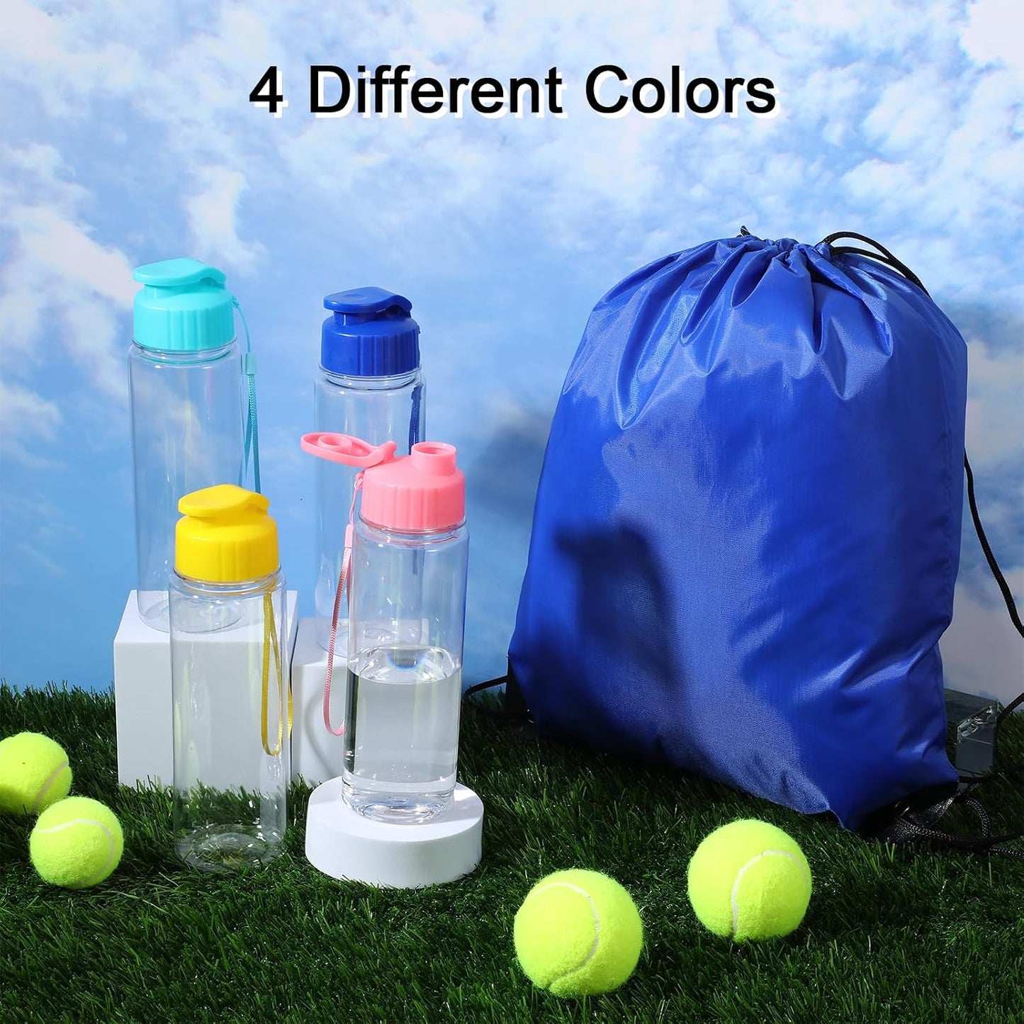 12 Pack Plastic Water Bottles Bulk with Drawstring Backpack Set, Reusable Leakproof Flip Top Water Bottles for Adults, Sports, Gym, Travel, Party, Outdoor - Yellow, Navy, Light Blue, Pink