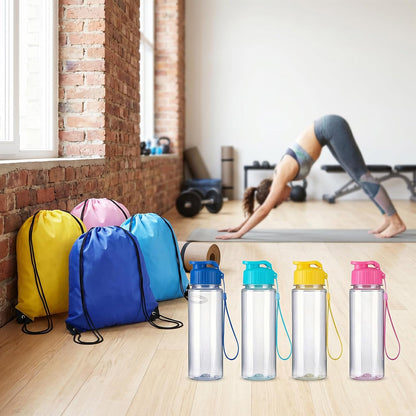 12 Pack Plastic Water Bottles Bulk with Drawstring Backpack Set, Reusable Leakproof Flip Top Water Bottles for Adults, Sports, Gym, Travel, Party, Outdoor - Yellow, Navy, Light Blue, Pink