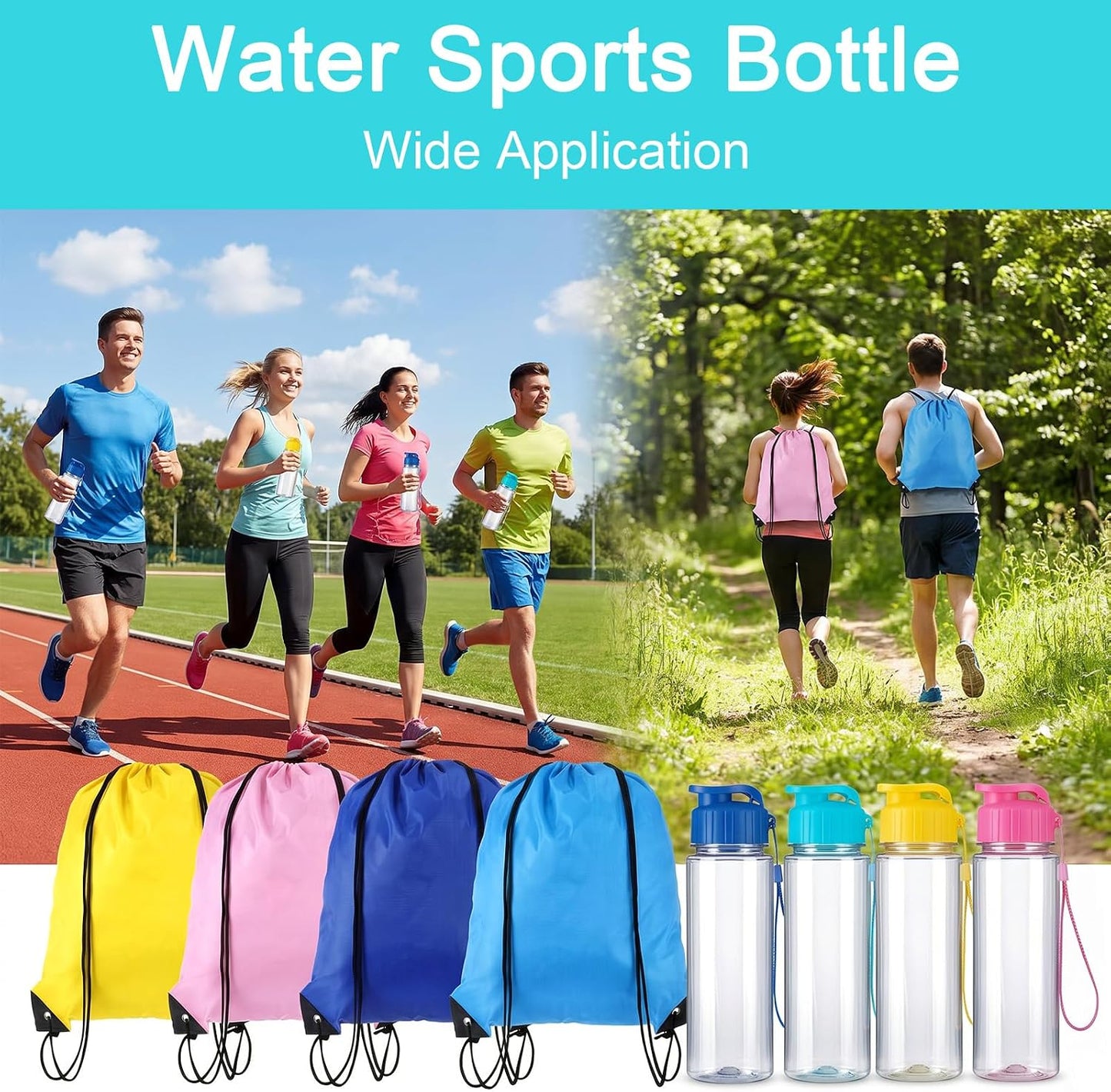 12 Pack Plastic Water Bottles Bulk with Drawstring Backpack Set, Reusable Leakproof Flip Top Water Bottles for Adults, Sports, Gym, Travel, Party, Outdoor - Yellow, Navy, Light Blue, Pink