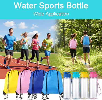 12 Pack Plastic Water Bottles Bulk with Drawstring Backpack Set, Reusable Leakproof Flip Top Water Bottles for Adults, Sports, Gym, Travel, Party, Outdoor - Yellow, Navy, Light Blue, Pink