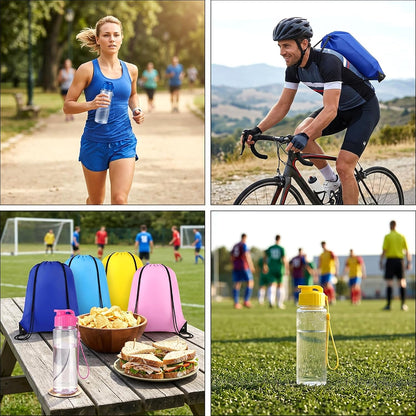 12 Pack Plastic Water Bottles Bulk with Drawstring Backpack Set, Reusable Leakproof Flip Top Water Bottles for Adults, Sports, Gym, Travel, Party, Outdoor - Yellow, Navy, Light Blue, Pink