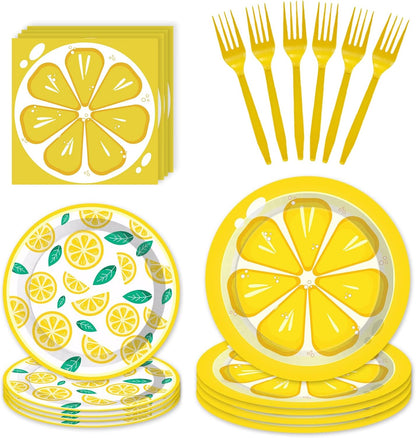 96 Pcs Lemon Party Decorations Tableware Set for Adult Teens Kids Baby Shower Includes Plates Napkins Forks Summer Lemon Birthday Theme Party Supplies for 24 Guests