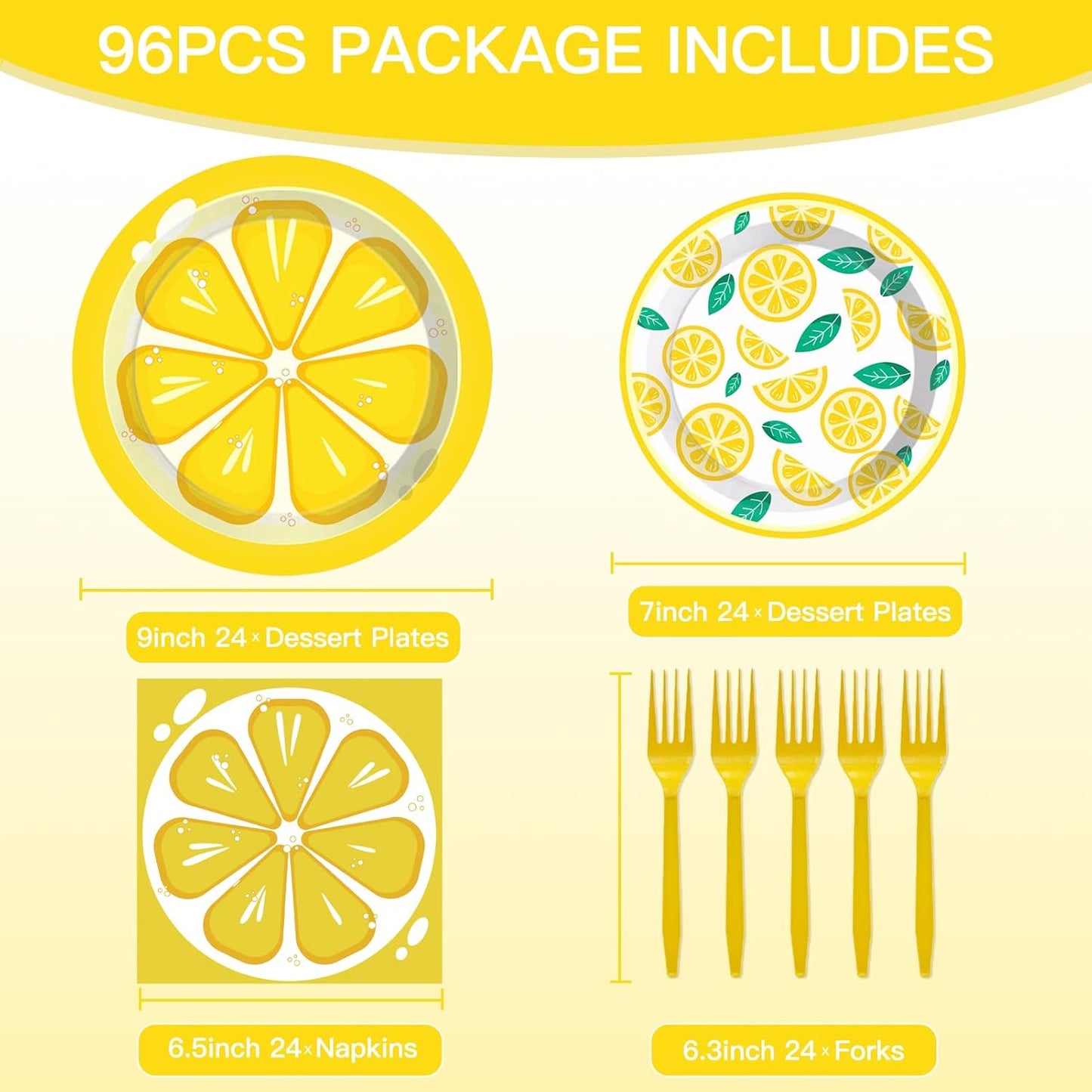 96 Pcs Lemon Party Decorations Tableware Set for Adult Teens Kids Baby Shower Includes Plates Napkins Forks Summer Lemon Birthday Theme Party Supplies for 24 Guests