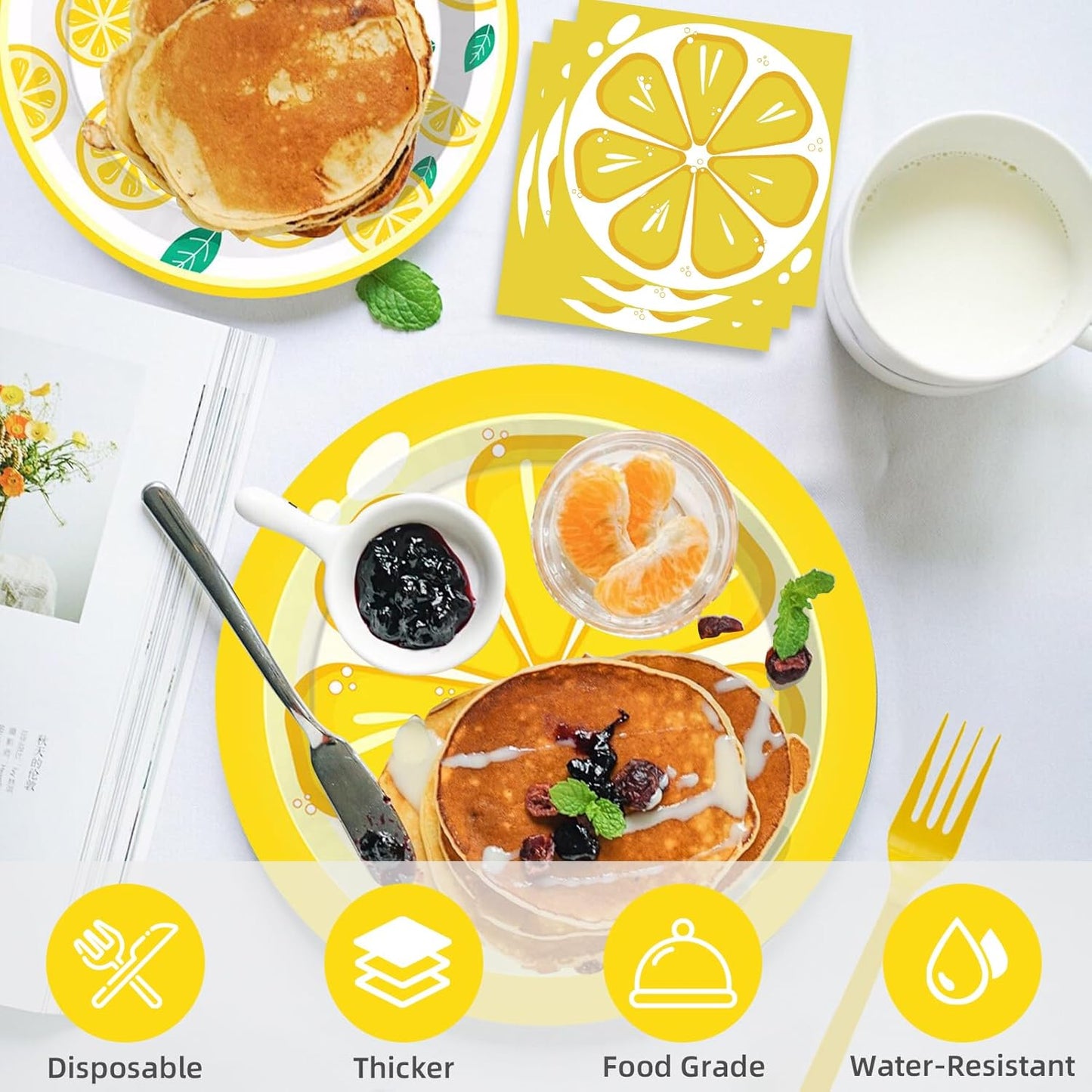 96 Pcs Lemon Party Decorations Tableware Set for Adult Teens Kids Baby Shower Includes Plates Napkins Forks Summer Lemon Birthday Theme Party Supplies for 24 Guests