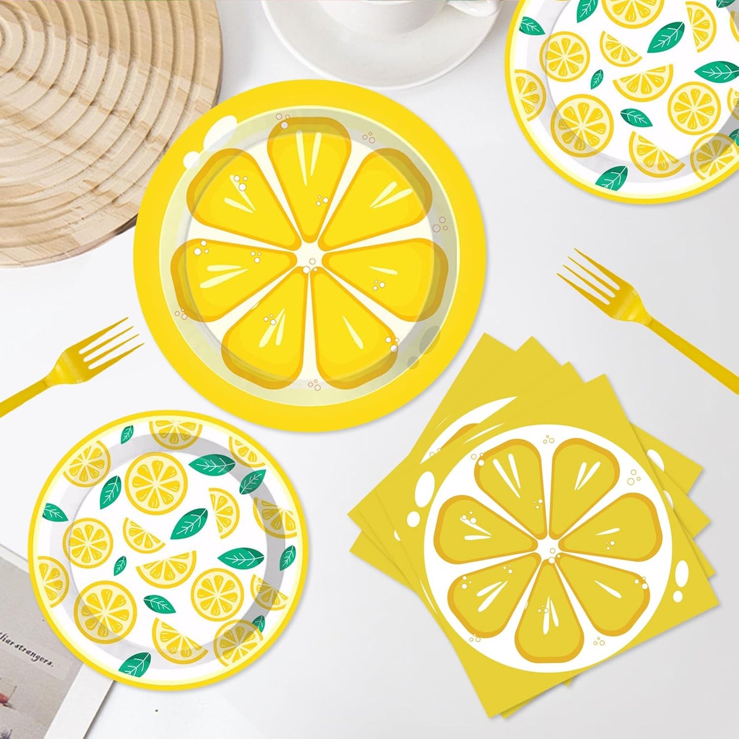 96 Pcs Lemon Party Decorations Tableware Set for Adult Teens Kids Baby Shower Includes Plates Napkins Forks Summer Lemon Birthday Theme Party Supplies for 24 Guests