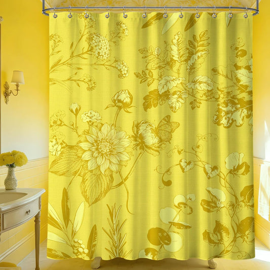 Mustard Yellow Vintage Botanical Shower Curtain Yellow Shower Curtains for Bathroom Decor Sets, Floral Pattern, Waterproof Polyester Fabric with Hooks, 70x72 in