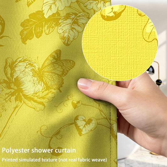 Mustard Yellow Vintage Botanical Shower Curtain Yellow Shower Curtains for Bathroom Decor Sets, Floral Pattern, Waterproof Polyester Fabric with Hooks, 70x72 in