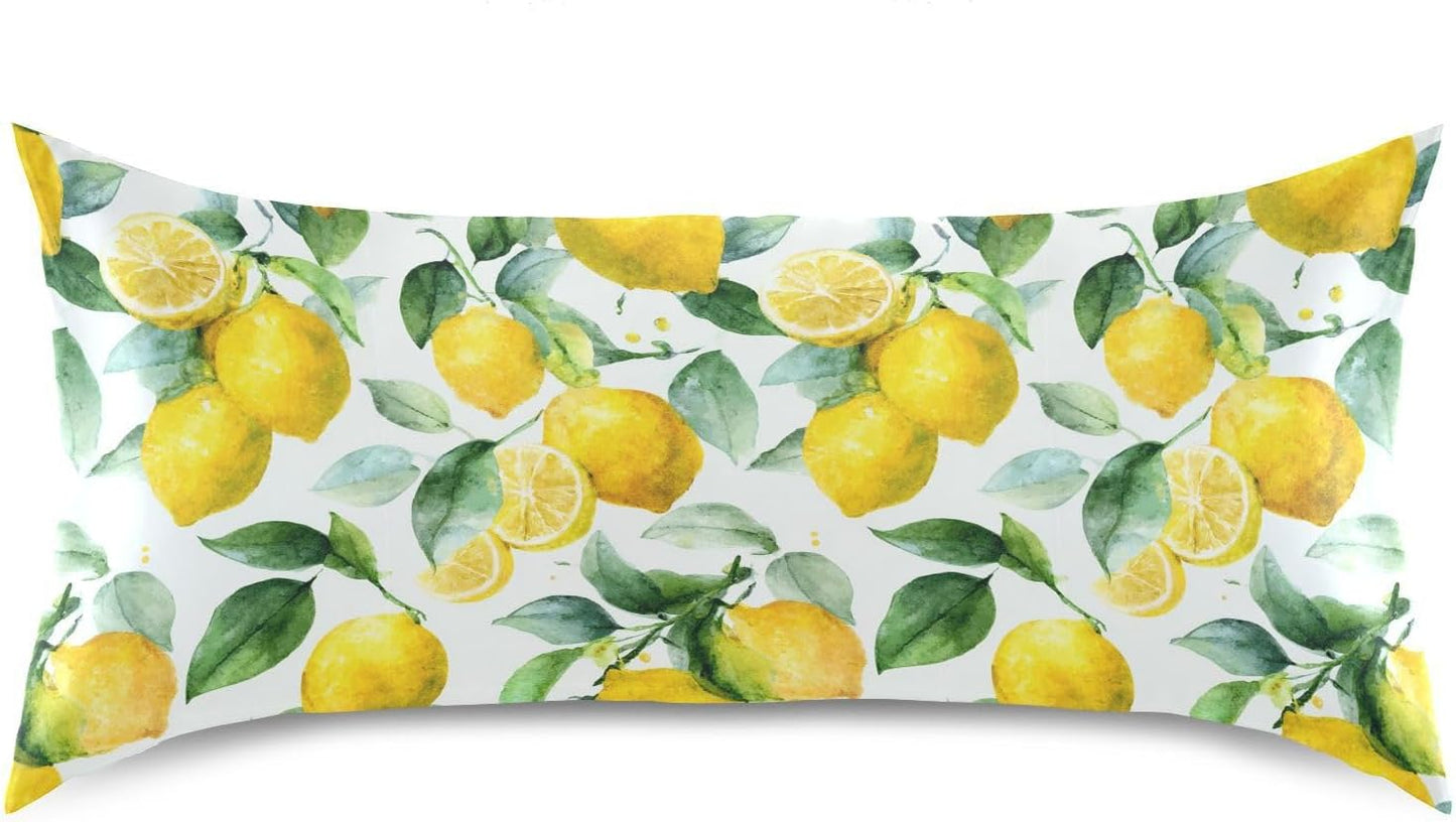 Watercolor Lemon Leaf Satin Pillowcase with Envelope Closure Yellow Standard Size Pillow Case, Silky Pillow Cover for Home Bedroom Sofa 20x26 in