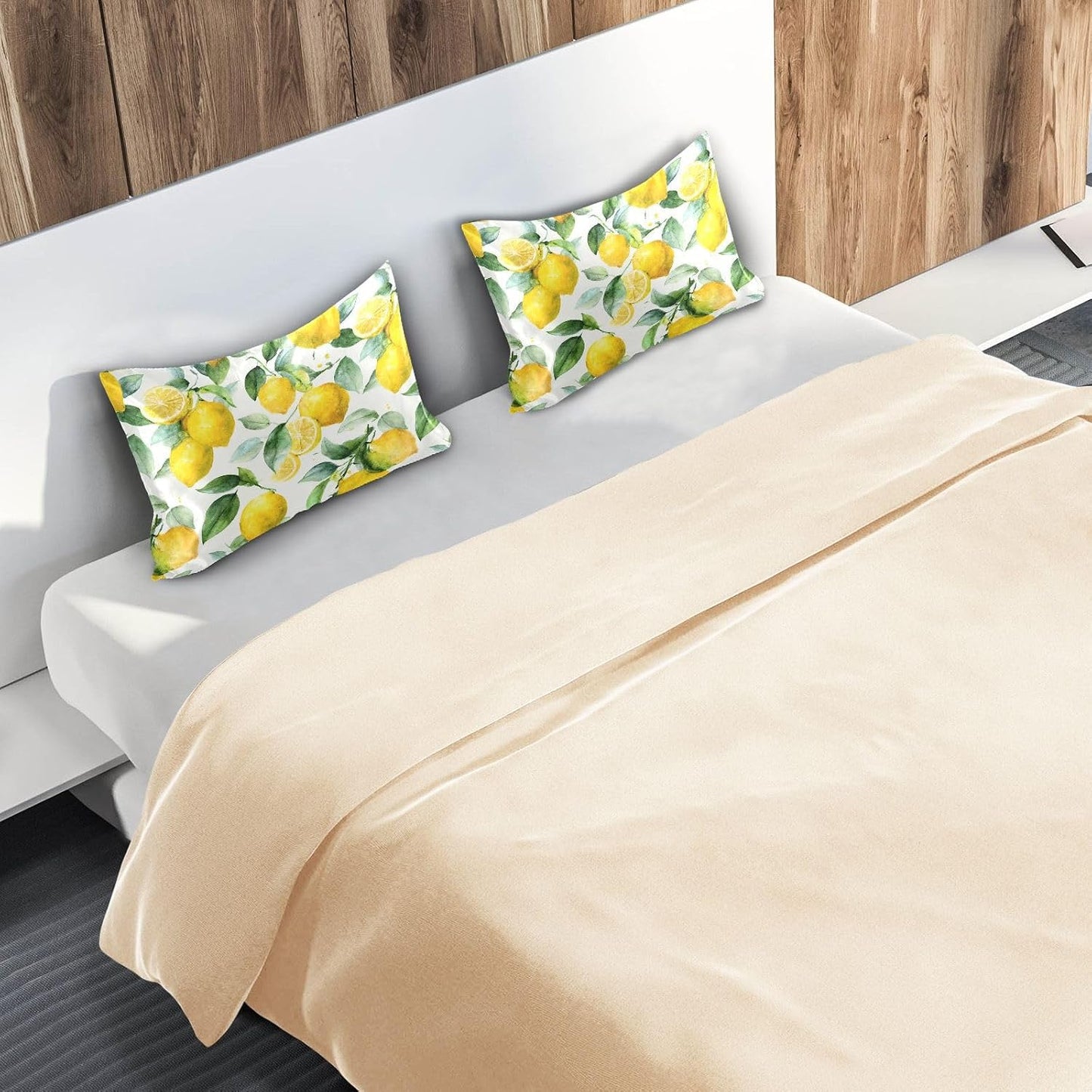 Watercolor Lemon Leaf Satin Pillowcase with Envelope Closure Yellow Standard Size Pillow Case, Silky Pillow Cover for Home Bedroom Sofa 20x26 in