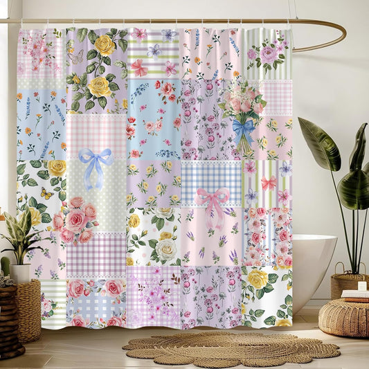 Boho Patchwork Shower Curtain Purple Floral Plaid Colorful Flower with Bow Rustic Polyester Bathroom Decor with Hook,70" Wx70 H