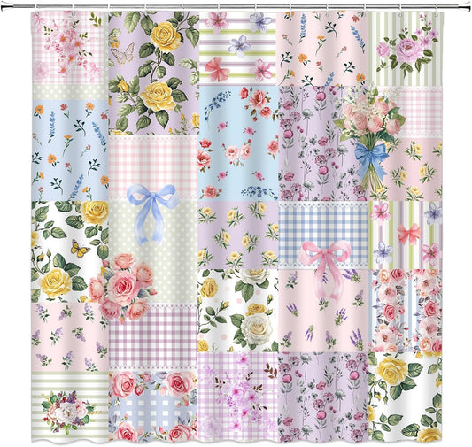 Boho Patchwork Shower Curtain Purple Floral Plaid Colorful Flower with Bow Rustic Polyester Bathroom Decor with Hook,70" Wx70 H