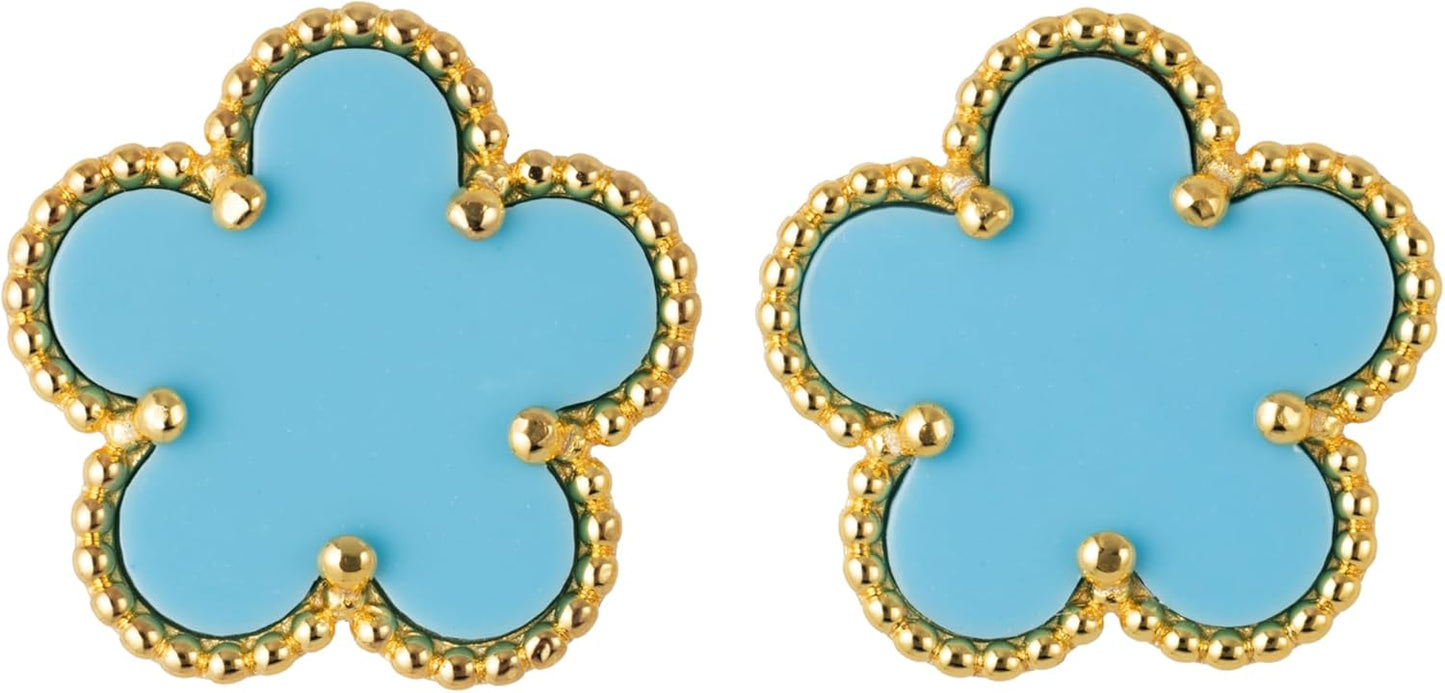 925 Sterling Silver 14K Yellow Gold Plated Hawaiian Plumeria Clover Flower Motif Beaded Stud Earrings, Nickle Free Hypoallergenic for Sensitive Skin, with Gift Box
