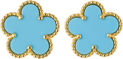 925 Sterling Silver 14K Yellow Gold Plated Hawaiian Plumeria Clover Flower Motif Beaded Stud Earrings, Nickle Free Hypoallergenic for Sensitive Skin, with Gift Box