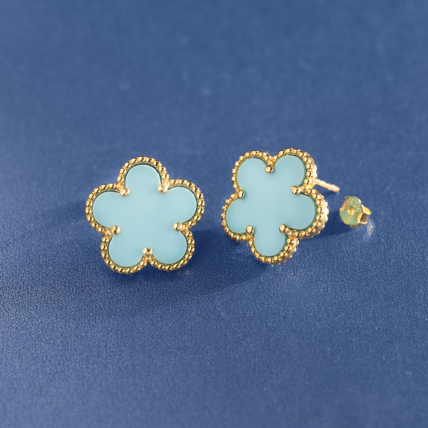 925 Sterling Silver 14K Yellow Gold Plated Hawaiian Plumeria Clover Flower Motif Beaded Stud Earrings, Nickle Free Hypoallergenic for Sensitive Skin, with Gift Box
