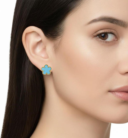 925 Sterling Silver 14K Yellow Gold Plated Hawaiian Plumeria Clover Flower Motif Beaded Stud Earrings, Nickle Free Hypoallergenic for Sensitive Skin, with Gift Box