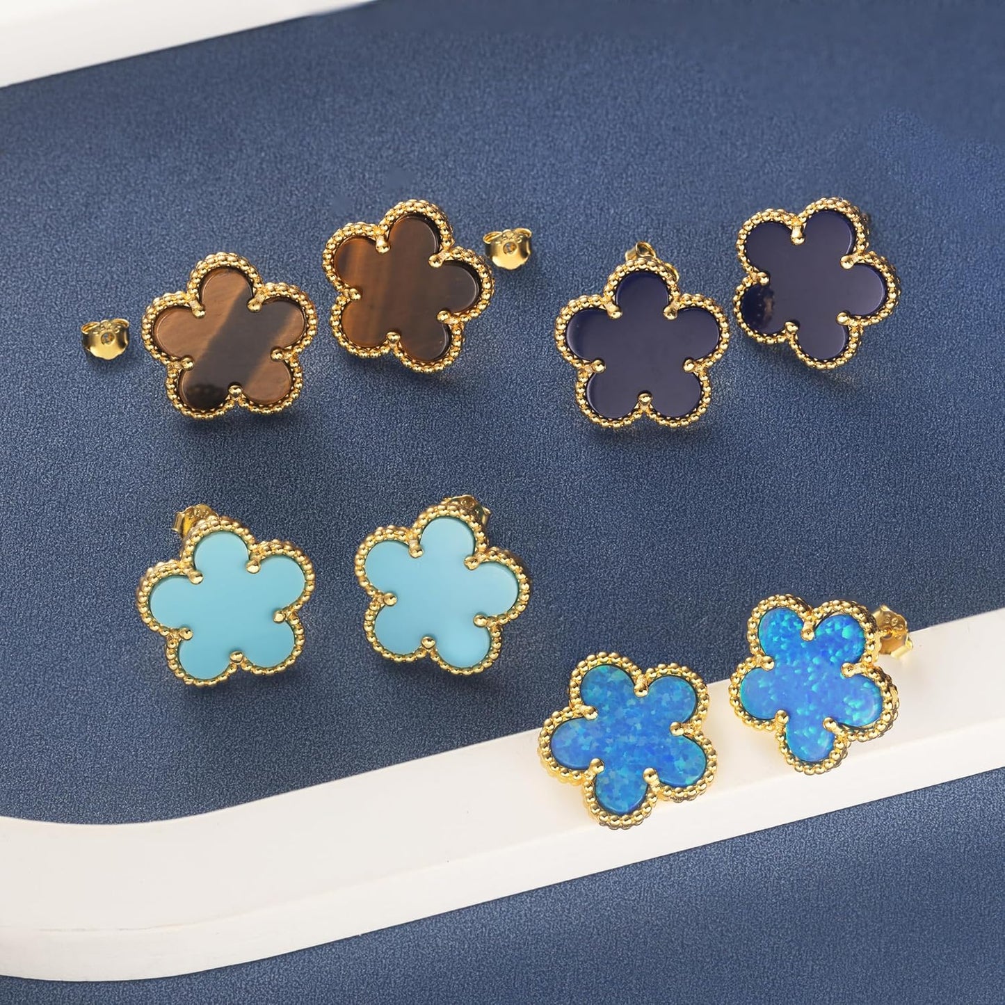 925 Sterling Silver 14K Yellow Gold Plated Hawaiian Plumeria Clover Flower Motif Beaded Stud Earrings, Nickle Free Hypoallergenic for Sensitive Skin, with Gift Box