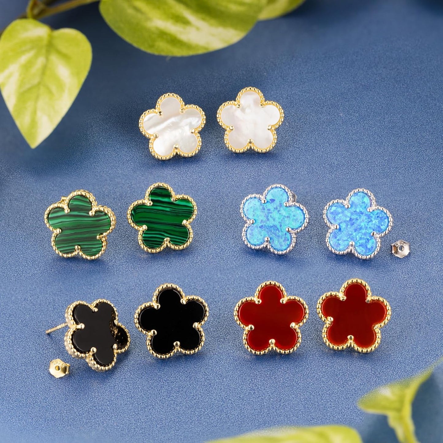 925 Sterling Silver 14K Yellow Gold Plated Hawaiian Plumeria Clover Flower Motif Beaded Stud Earrings, Nickle Free Hypoallergenic for Sensitive Skin, with Gift Box