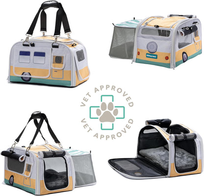 Soft-Sided Airline Approved Cat Carrier with Expandable Hideaway | Escape-Proof SBS Self-Locking Zippers | 22 lb Capacity | Vet Approved | Top & Side Entry | 17×11×11 in