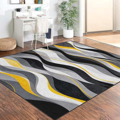 Area Rug 5'x7' Abstract Modern Yellow Washable | Living Room Rug Geometric Retro Non-Slip Soft Low Pile Carpet
