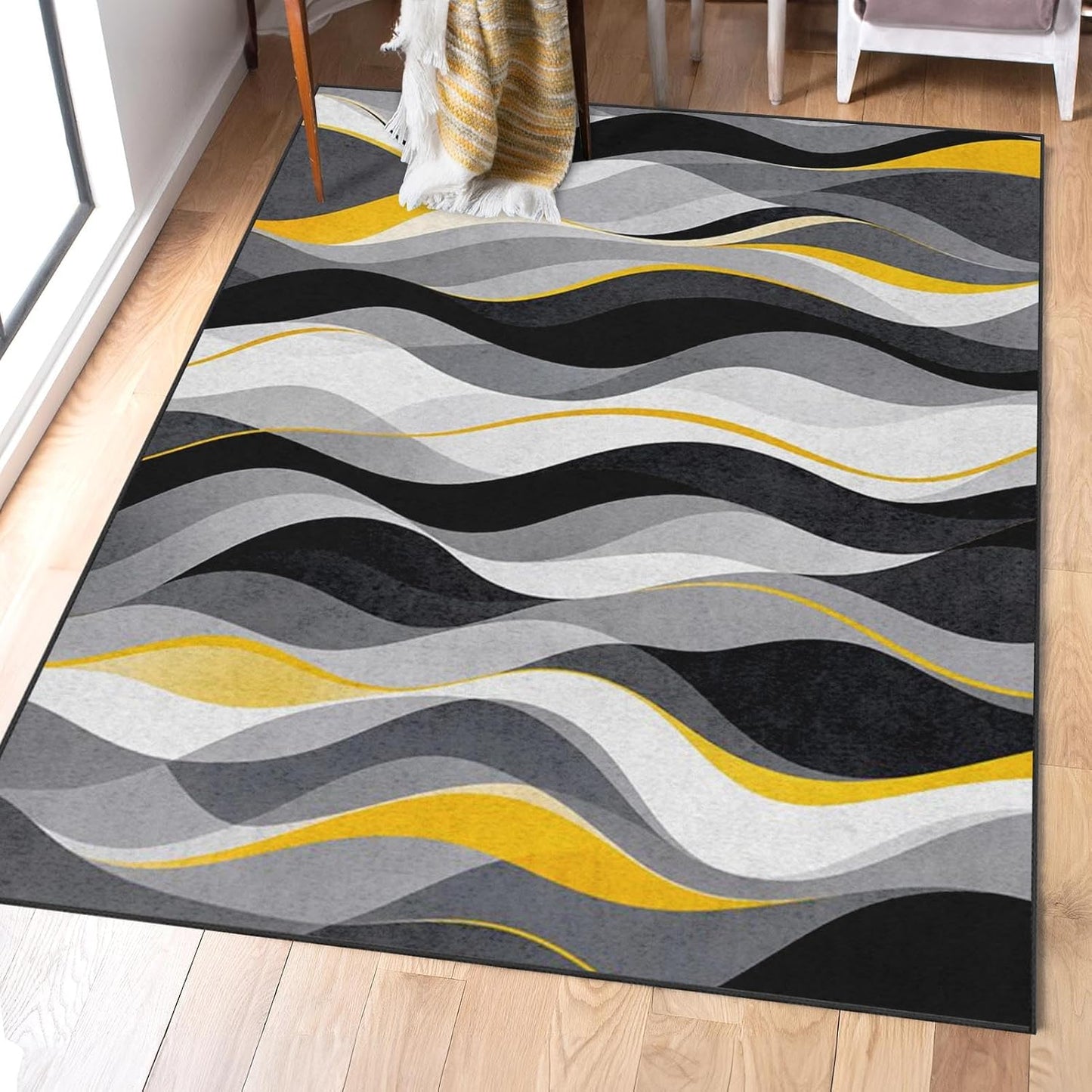 Area Rug 5'x7' Abstract Modern Yellow Washable | Living Room Rug Geometric Retro Non-Slip Soft Low Pile Carpet