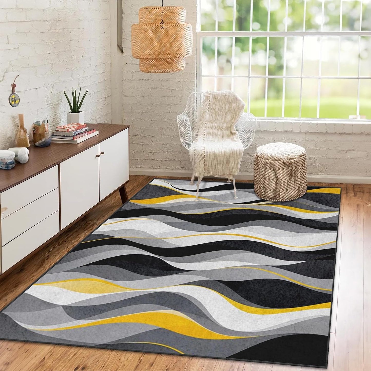 Area Rug 5'x7' Abstract Modern Yellow Washable | Living Room Rug Geometric Retro Non-Slip Soft Low Pile Carpet
