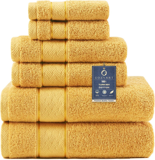 Bath Towel Set 6 Piece, 100% Turkish Zero Twist Cotton 650GSM, Ultra Soft Highly Absorbent Hotel Quality Towels for Bathroom, Mustard Gold
