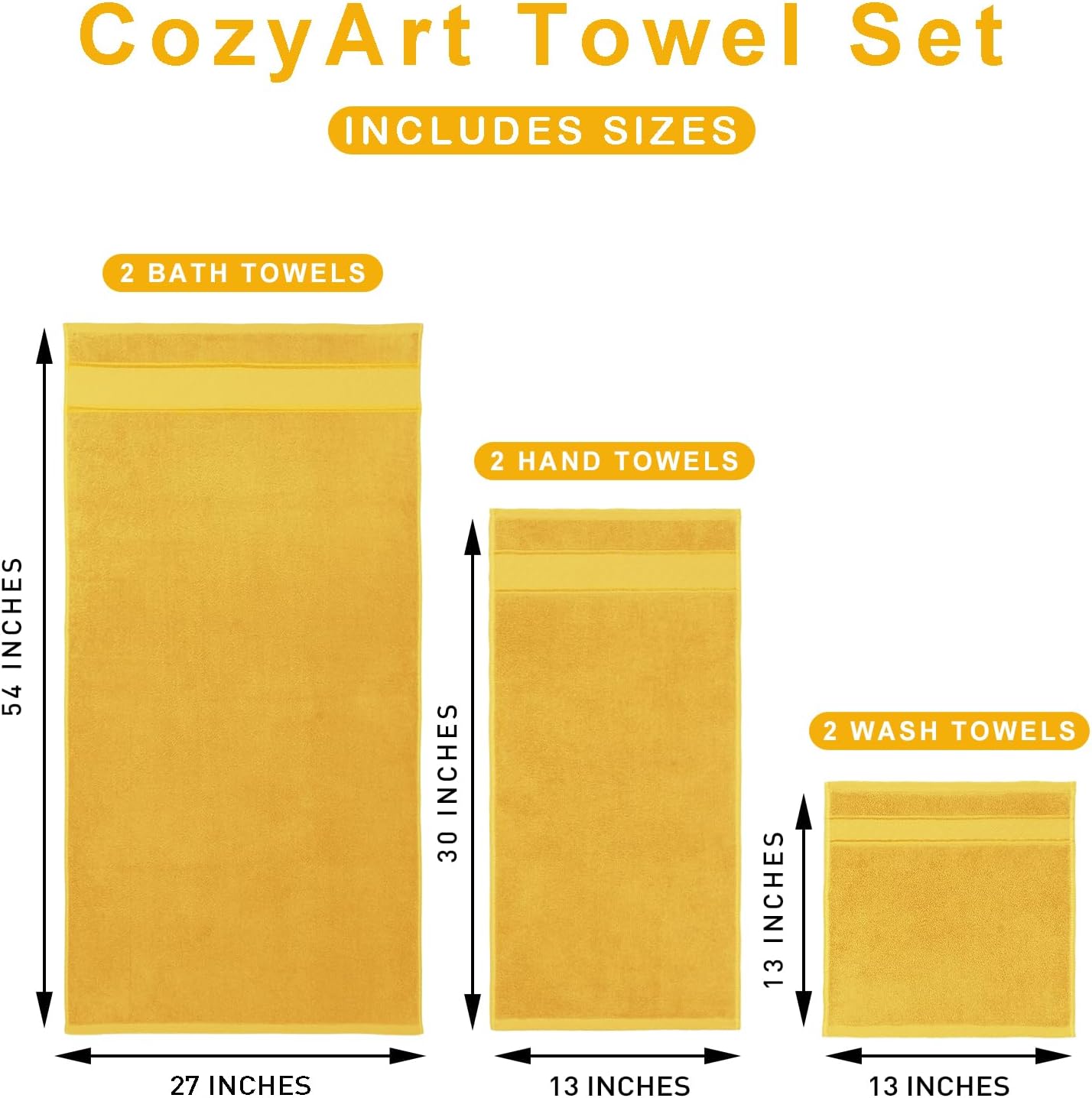 Bath Towel Set 6 Piece, 100% Turkish Zero Twist Cotton 650GSM, Ultra Soft Highly Absorbent Hotel Quality Towels for Bathroom, Mustard Gold
