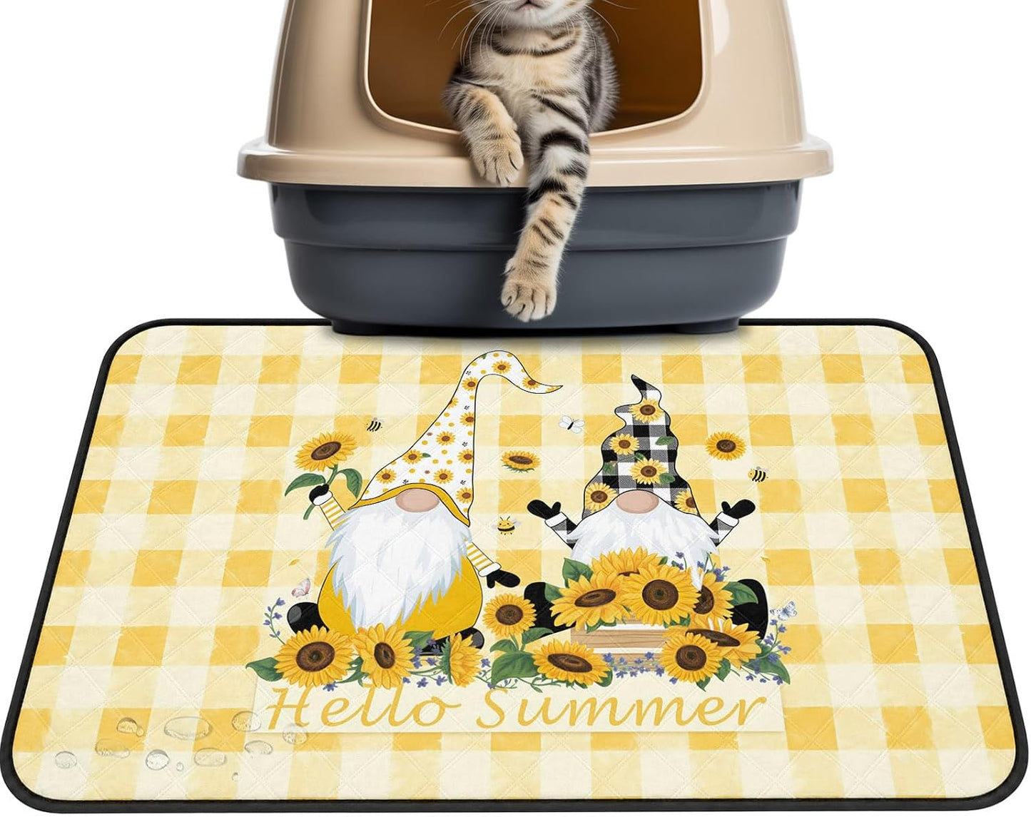 Sunflower Cute Gnomes Cat Litter Mat 24x18, Hello Summer Yellow Buffalo Kitty Litter Box mat for Cat Machine Washable Easy Clean Soft Non-Slip Pet Food Mats for Floor Rug