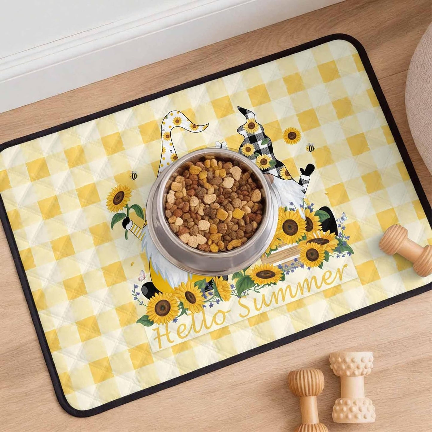 Sunflower Cute Gnomes Cat Litter Mat 24x18, Hello Summer Yellow Buffalo Kitty Litter Box mat for Cat Machine Washable Easy Clean Soft Non-Slip Pet Food Mats for Floor Rug
