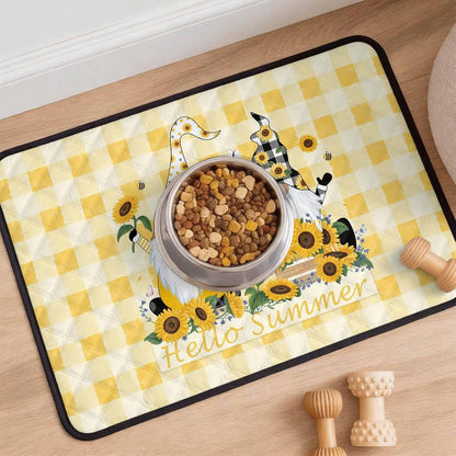 Sunflower Cute Gnomes Cat Litter Mat 24x18, Hello Summer Yellow Buffalo Kitty Litter Box mat for Cat Machine Washable Easy Clean Soft Non-Slip Pet Food Mats for Floor Rug