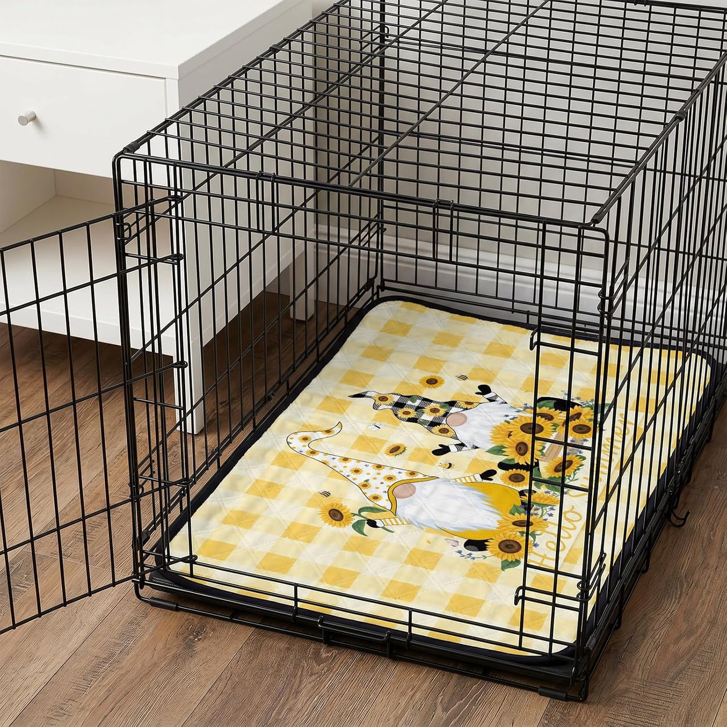 Sunflower Cute Gnomes Cat Litter Mat 24x18, Hello Summer Yellow Buffalo Kitty Litter Box mat for Cat Machine Washable Easy Clean Soft Non-Slip Pet Food Mats for Floor Rug