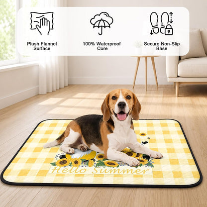 Sunflower Cute Gnomes Cat Litter Mat 24x18, Hello Summer Yellow Buffalo Kitty Litter Box mat for Cat Machine Washable Easy Clean Soft Non-Slip Pet Food Mats for Floor Rug